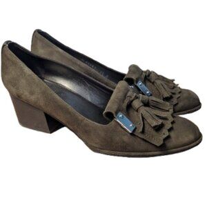 Stuart Weitzman Suede Tassel Heels | Olive Green | Loafer Style